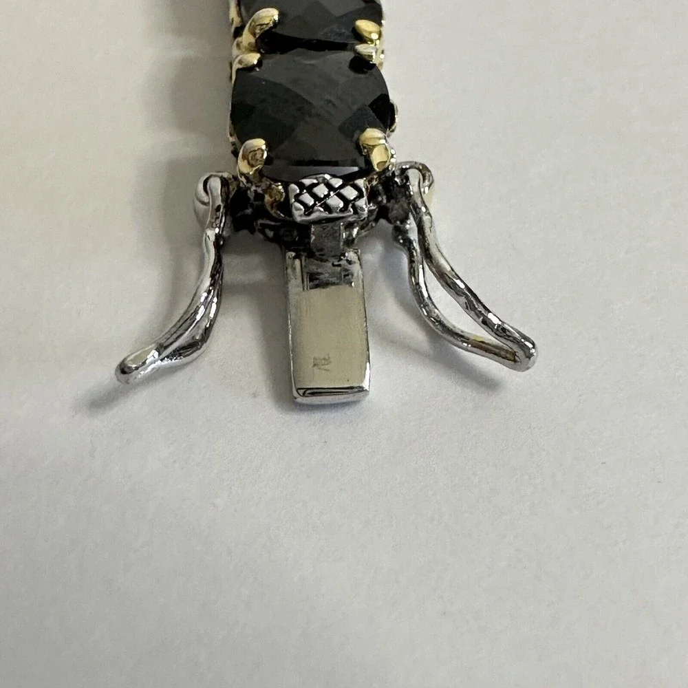Bracelet Black Faceted Tennis Style Two Toned Safety Clasp IJDI China 925 Marked - Picture 5 of 13